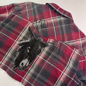 Vans Off the Wall‎ Womens XL Plaid hand Modified Patch Cropped Long Sleeve 619